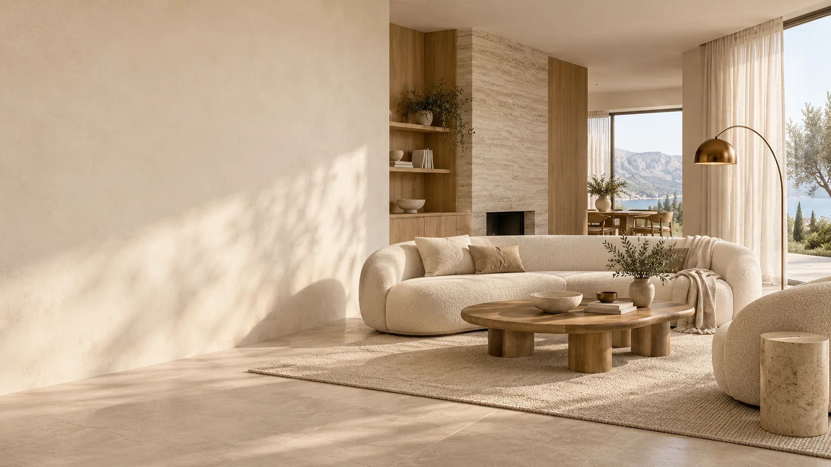 AI interior concept combining furniture, oak and travertine